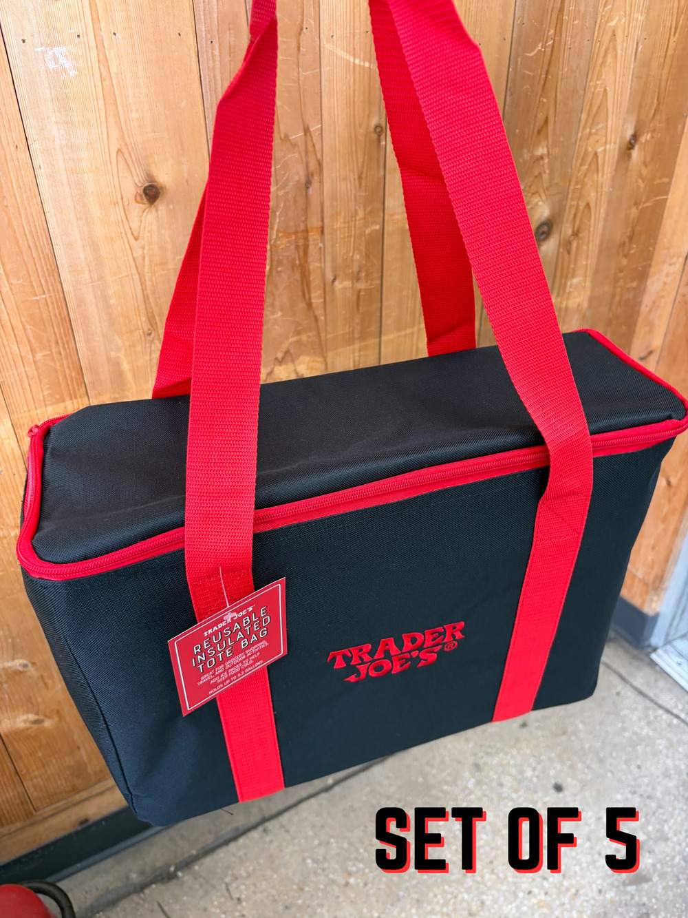 Set of 5 — Trader Joe’s Large Reusable Insulated Cooler Tote Bags — Black + Red!